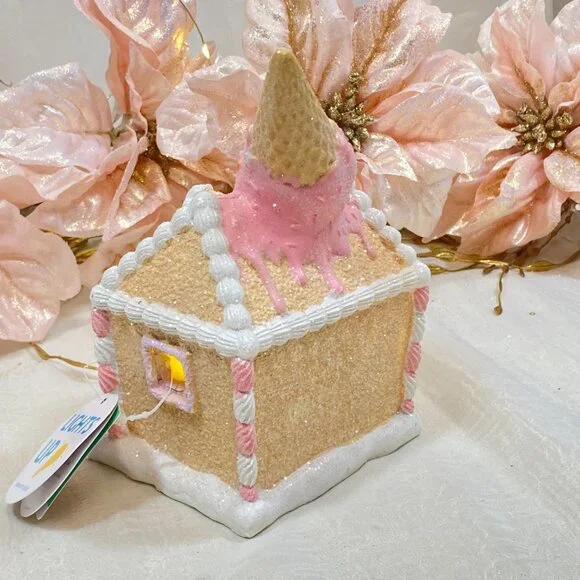 Pastel Holiday Christmas Gingerbread Ice Cream Shop Pink Led Light Up House - Picture 6 of 7